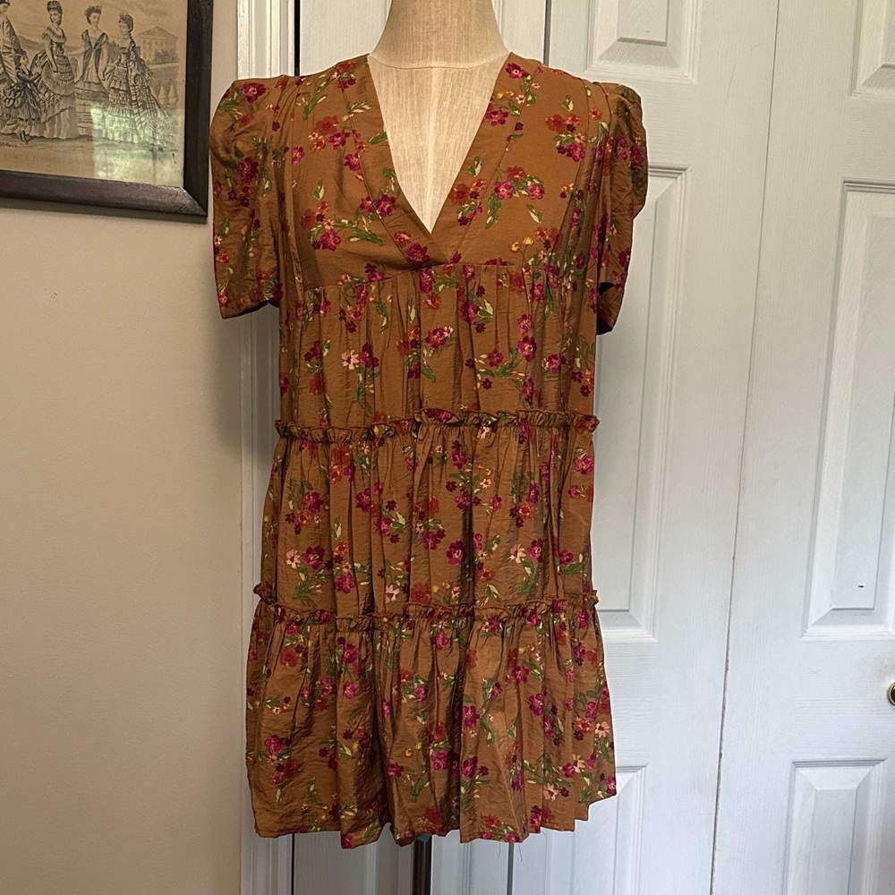 Millibon Brown Floral V-Neck Tiered Mini